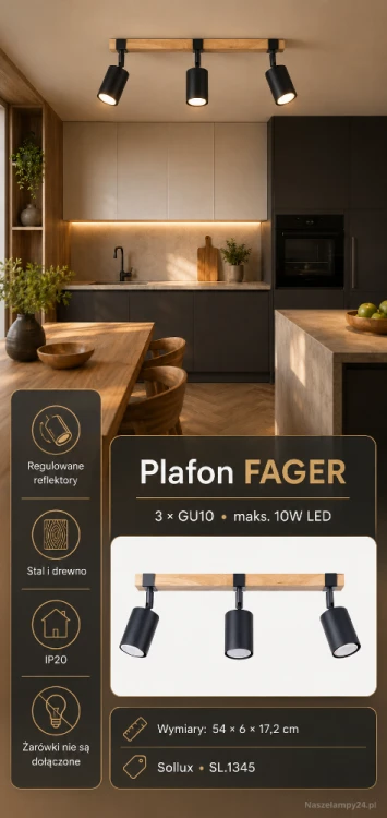 Lampa sufitowa FAGER 3xGU10 to połączenie czarnej stali i naturalnego drewna. Regulowane reflektory ułatwiają precyzyjne oświetlenie wnętrza. Model Sollux SL.1345 pasuje do aranżacji nowoczesnych, loftowych i skandynawskich.