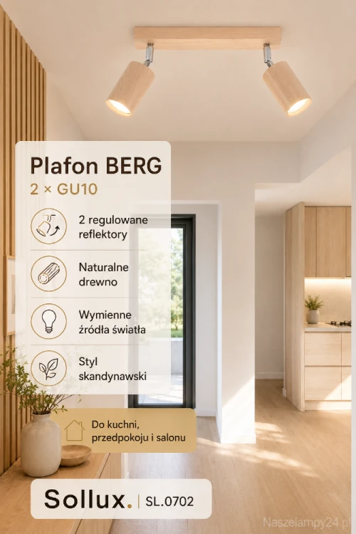 Lampa sufitowa BERG 2xGU10 łączy naturalne drewno z prostą, ponadczasową formą. Regulowane reflektory ułatwiają oświetlenie wybranych stref pomieszczenia. Model Sollux SL.0702 pasuje do stylu skandynawskiego i japandi.