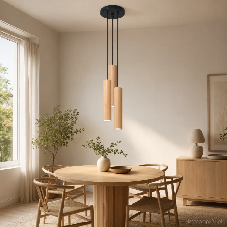 Lampa LINO Sollux z trzema drewnianymi kloszami GU10 sprawdzi się nad okrągłym stołem, barkiem lub wyspą kuchenną. Kaskadowy układ nadaje wnętrzu lekkość, a naturalne drewno wprowadza przytulny charakter. Kod: SL.1012.