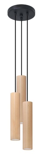 Lampa wisząca LINO 3xGU10 Sollux SL.1012 ma trzy drewniane tuby zawieszone kaskadowo. Naturalne drewno i czarna podsufitka tworzą nowoczesną kompozycję nad stół, wyspę lub barek. Wymiary lampy: 20 × 20 × 100 cm.