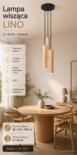 Drewniana lampa wisząca LINO 3xGU10 to efektowne oświetlenie do jadalni, kuchni i salonu. Trzy długie klosze kierują światło w dół i tworzą układ kaskadowy. Model Sollux SL.1012 pasuje do stylu skandynawskiego i japandi.
