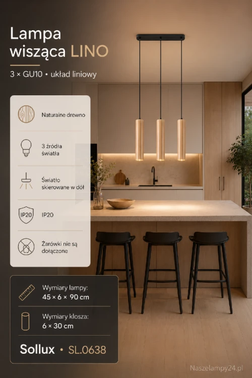 Lampa LINO Sollux z trzema drewnianymi kloszami GU10 równomiernie oświetli stół, barek lub wyspę kuchenną. Liniowy układ podkreśla nowoczesny charakter wnętrza. Wymiary lampy: 45 × 6 × 90 cm. Żarówki nie są dołączone.