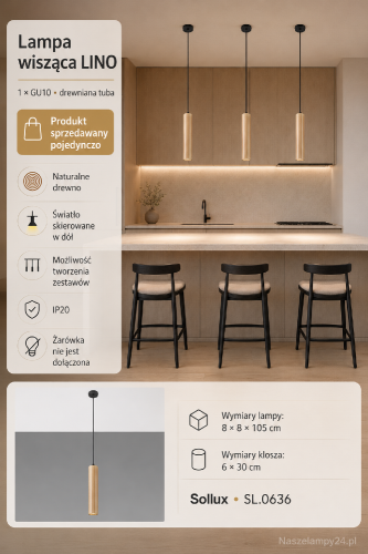 Drewniana lampa wisząca LINO 1xGU10 kieruje światło w dół, oświetlając wybraną powierzchnię. Naturalne drewno i czarna podsufitka pasują do wnętrz skandynawskich oraz japandi. Model Sollux SL.0636. Żarówka nie jest dołączona.