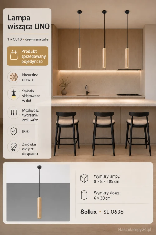Drewniana lampa wisząca LINO 1xGU10 kieruje światło w dół, oświetlając wybraną powierzchnię. Naturalne drewno i czarna podsufitka pasują do wnętrz skandynawskich oraz japandi. Model Sollux SL.0636. Żarówka nie jest dołączona.