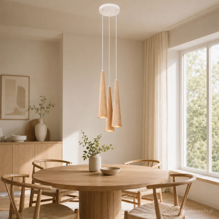 Lampa SULA Sollux z trzema drewnianymi kloszami GU10 sprawdzi się nad stołem, wyspą kuchenną lub w wysokim holu. Naturalne drewno i biała podsufitka tworzą lekką kompozycję. Wymiary lampy: 8 × 8 × 120 cm.
