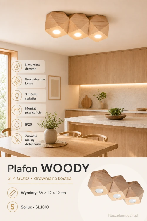 Lampa sufitowa Woody 3 kostki z drewna. Nowoczesne plafony.