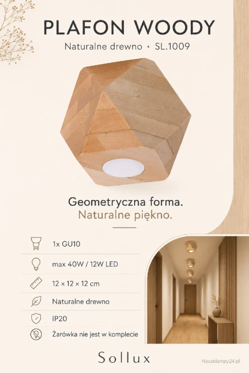 Plafon WOODY SL.1009 łączy naturalne drewno z nowoczesną, geometryczną formą. Lampa wykorzystuje wymienną żarówkę GU10 LED i doskonale sprawdzi się jako punktowe oświetlenie korytarza, garderoby, kuchni lub sypialni.