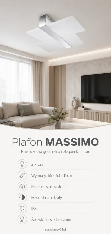 Plafon MASSIMO 2xE27 Sollux to elegancka lampa sufitowa wykonana ze stali i białego szkła. Niewielka wysokość 11 cm sprawia, że znakomicie nadaje się również do niższych pomieszczeń. Żarówki E27 należy dokupić osobno.