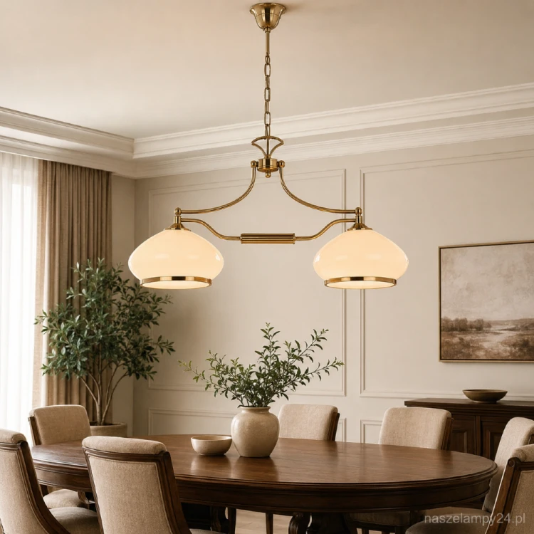 Klasyczna lampa ASTORIA Alfa 3421 w kolorze patyny posiada dwa kremowe klosze ze szkła oraz oprawki E27. Dekoracyjna konstrukcja i regulowane zawieszenie na łańcuchu sprawiają, że jest idealnym wyborem nad stół w jadalni.
