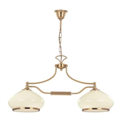 Lampa sufitowa ASTORIA 2xE27 patyna Alfa 3421 łączy klasyczną konstrukcję z kremowymi szklanymi kloszami. Doskonale prezentuje się zawieszona nad stołem w jadalni, a także jako eleganckie oświetlenie salonu lub kuchni.