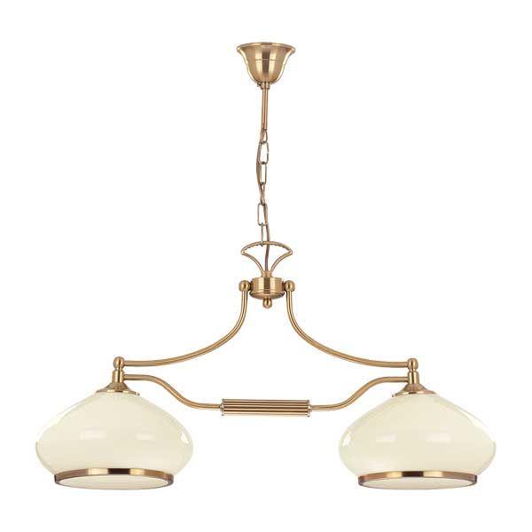 Lampa sufitowa ASTORIA 2xE27 patyna Alfa 3421 łączy klasyczną konstrukcję z kremowymi szklanymi kloszami. Doskonale prezentuje się zawieszona nad stołem w jadalni, a także jako eleganckie oświetlenie salonu lub kuchni.