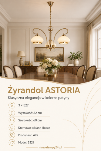 Żyrandol ASTORIA 3xE27 patyna Alfa 3321 to klasyczna lampa z trzema kremowymi szklanymi kloszami. Model o szerokości 60 cm i wysokości 62 cm doskonale sprawdzi się nad stołem w jadalni, w salonie lub przestronnej kuchni.