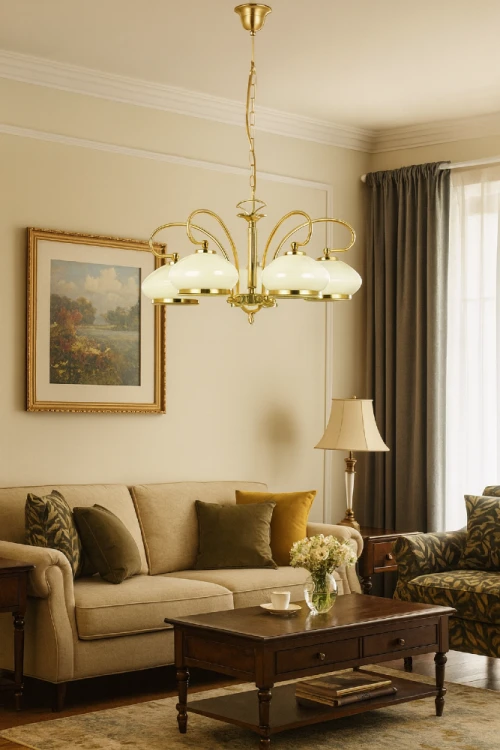 Lampa sufitowa ASTORIA Alfa 5321 łączy eleganckie wykończenie w kolorze patyny z pięcioma kremowymi kloszami. Symetryczna konstrukcja i źródła światła 5xE27 sprawdzą się nad stołem w klasycznej jadalni.