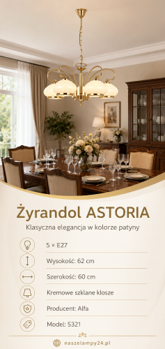 Żyrandol ASTORIA 5xE27 patyna Alfa 5321 to klasyczna lampa z pięcioma kremowymi szklanymi kloszami. Model o szerokości 60 cm i wysokości 62 cm doskonale oświetli duży stół w jadalni lub przestronny salon.