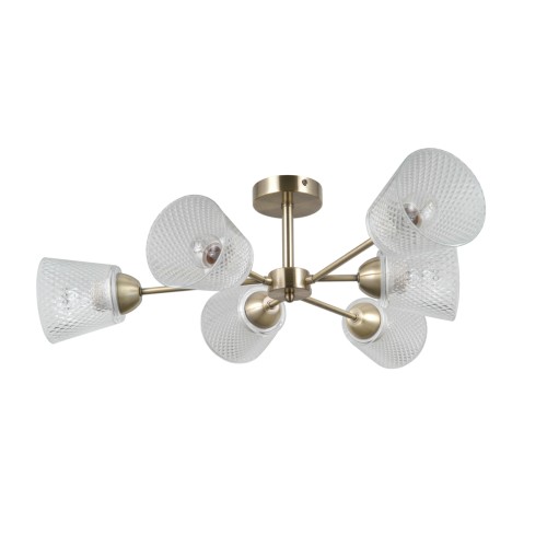 Lampa sufitowa LAMIN 6xE27 Italux zachwyca złotą oprawą i sześcioma dekoracyjnymi kloszami. Średnica 66 cm i wysokość 20 cm sprawiają, że doskonale pasuje do salonu, jadalni, sypialni lub eleganckiego holu.