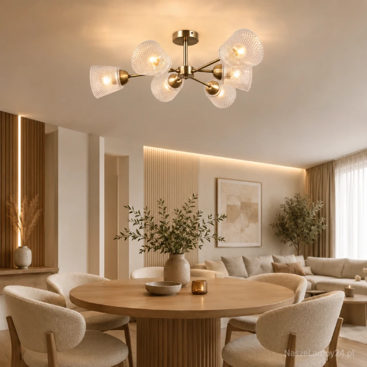 Elegancka lampa LAMIN 6xE27 marki Italux łączy złotą metalową konstrukcję z dekoracyjnymi, transparentnymi kloszami. Efektowna średnica 66 cm pozwala zastosować ją jako główne oświetlenie salonu, jadalni lub sypialni.
