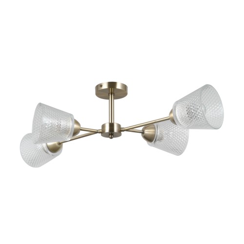 Lampa sufitowa LAMIN 4xE27 Italux zachwyca złotą oprawą i dekoracyjnymi, transparentnymi kloszami. Szerokość 66 cm i wysokość 20 cm sprawiają, że doskonale pasuje do salonu, jadalni, sypialni lub holu.