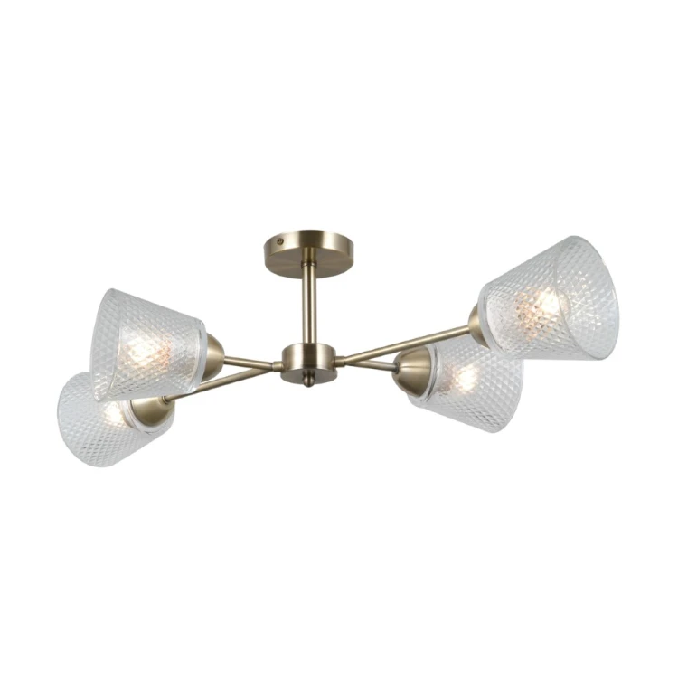 Elegancka lampa LAMIN 4xE27 Italux łączy złotą, metalową konstrukcję z transparentnymi kloszami o dekoracyjnej fakturze. Rozłożysta forma o szerokości 66 cm pięknie zaprezentuje się nad stołem lub w centrum salonu.