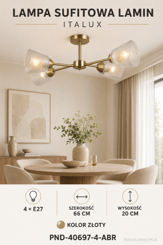 Złota lampa sufitowa LAMIN marki Italux posiada 4 dekoracyjne klosze oraz popularne oprawki E27. Elegancki model o szerokości 66 cm i wysokości 20 cm efektownie oświetli salon, jadalnię albo sypialnię. PND-40697-4-ABR.