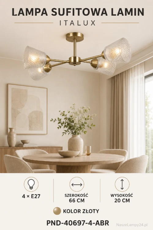 Złota lampa sufitowa LAMIN marki Italux posiada 4 dekoracyjne klosze oraz popularne oprawki E27. Elegancki model o szerokości 66 cm i wysokości 20 cm efektownie oświetli salon, jadalnię albo sypialnię. PND-40697-4-ABR.