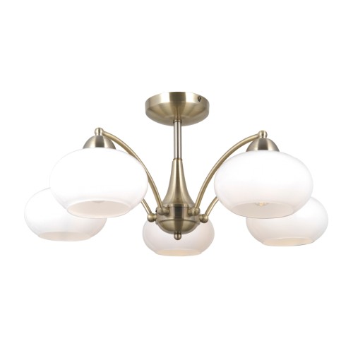 Lampa sufitowa FOLTE 5xE27 Italux łączy oprawę w kolorze złotej patyny z pięcioma białymi kloszami. Szerokość 60 cm i wysokość 27 cm sprawiają, że doskonale pasuje do salonu, jadalni lub sypialni.