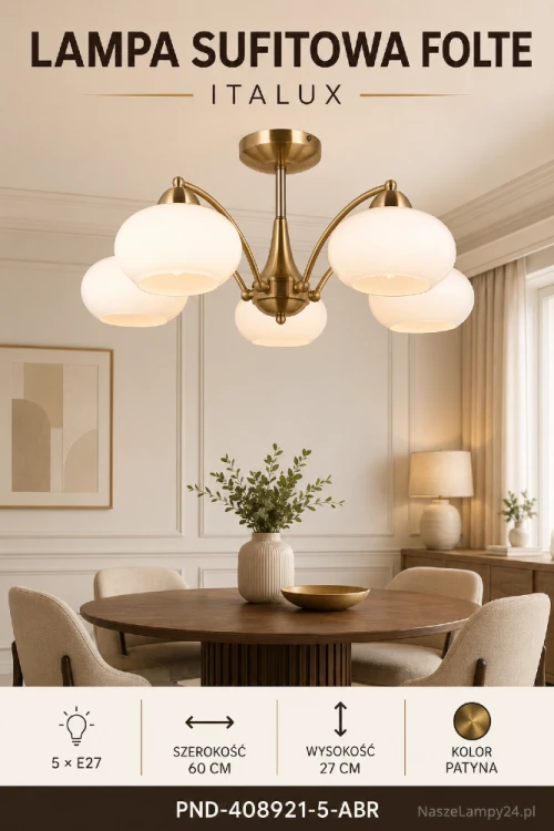 Lampa sufitowa FOLTE 5xE27 to klasyczne oświetlenie z białymi kloszami i oprawą w kolorze złotej patyny. Łukowe ramiona nadają jej elegancji, a pięć źródeł światła zapewnia dobre oświetlenie większego pomieszczenia