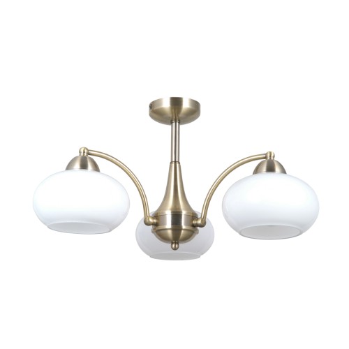 Lampa sufitowa FOLTE 3xE27 Italux łączy oprawę w kolorze złotej patyny z trzema białymi kloszami. Średnica 50 cm i wysokość 26 cm sprawiają, że świetnie pasuje do salonu, jadalni, sypialni lub holu.