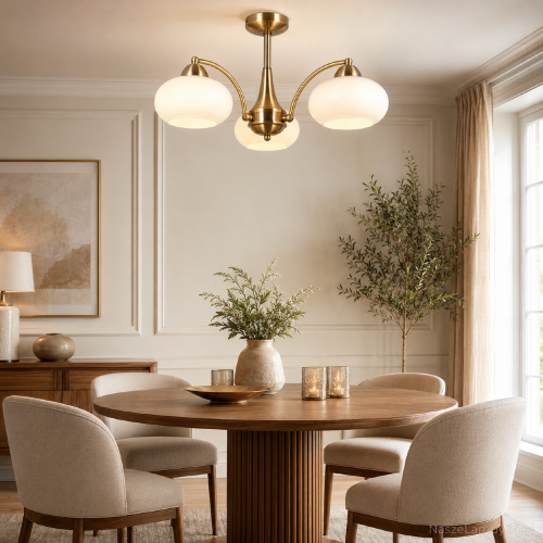 Elegancka lampa FOLTE marki Italux posiada 3 białe klosze oraz metalową konstrukcję w kolorze patyny. Model o średnicy 50 cm i wysokości 26 cm efektownie oświetli salon, jadalnię lub sypialnię. PND-408921-3-ABR.