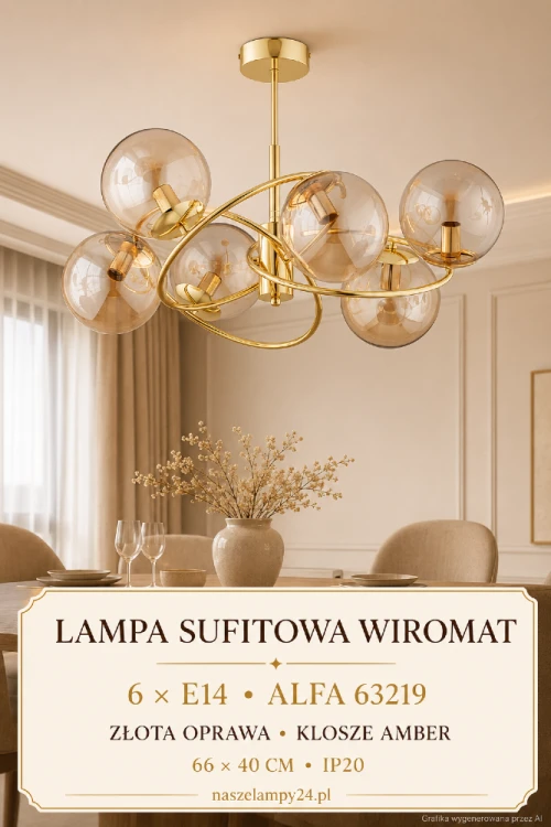 WIROMAT 63219 to dekoracyjna lampa sufitowa polskiego producenta Alfa. Złota metalowa konstrukcja i klosze ze szkła amber tworzą eleganckie połączenie do wnętrz glamour, modern classic oraz nowoczesnych. Źródło światła: 6xE14.