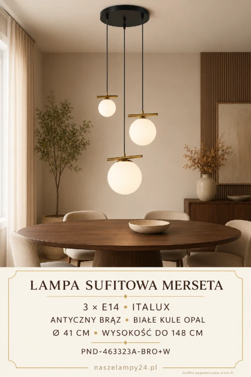 Nowoczesna lampa MERSETA 3xE14 łączy białe klosze opalowe z detalami w kolorze antycznego brązu. Maksymalna wysokość 148 cm z możliwością skrócenia pozwala dopasować ją nad stół, barek lub wyspę kuchenną.