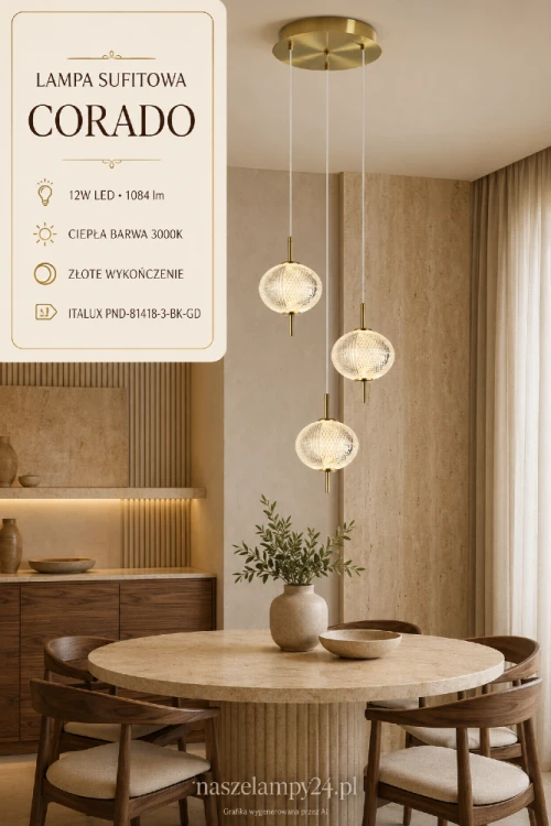 Lampa sufitowa CORADO 12W LED złota Italux to eleganckie oświetlenie z dekoracyjnymi, przezroczystymi kloszami. Emituje ciepłe światło 3000K, idealna do salonu lub sypialni. Wysoka jakość, nowoczesny design i energooszczędność