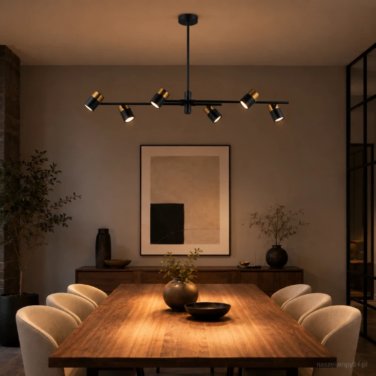 Czarna lampa ELICE Italux PND-58892-6-BK-BRO ma sześć regulowanych reflektorków GU10 z mosiężnymi detalami. Długość 102 cm sprawia, że doskonale oświetli duży stół w jadalni, wyspę kuchenną lub blat roboczy.