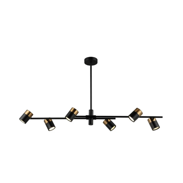 ELICE 6xGU10 to nowoczesna lampa nad stół o długości 102 cm. Czarna konstrukcja, mosiężne wykończenie i sześć regulowanych reflektorków tworzą praktyczne oświetlenie do jadalni, kuchni, salonu lub loftowego biura