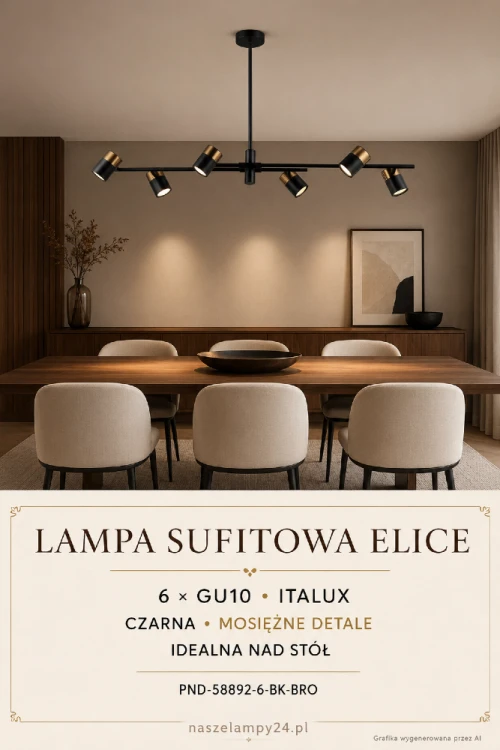 Podłużna lampa sufitowa ELICE 6xGU10 łączy czarny mat z eleganckimi, mosiężnymi akcentami. Sześć ruchomych reflektorków pozwala skierować światło na stół lub wyspę. Nowoczesne oświetlenie marki Italux.