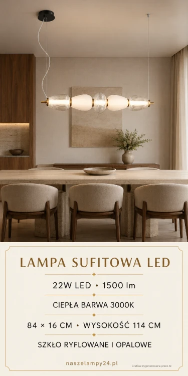 Podłużna lampa sufitowa LED z pięcioma szklanymi kloszami zachwyca połączeniem ryflowanego szkła i mlecznej bieli. Model o długości 84 cm zapewnia 1500 lm oraz przyjemną, ciepłą barwę światła 3000K.