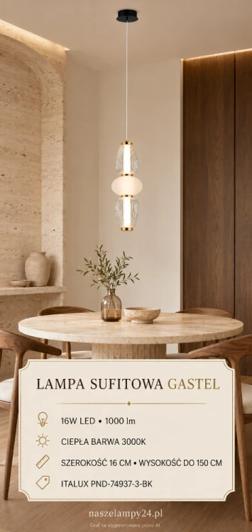 Nowoczesna lampa GASTEL 16W LED łączy przezroczyste szkło ryflowane, mleczną biel i metalowe detale. Model ma 16 cm szerokości oraz wysokość do 150 cm. Doskonale prezentuje się pojedynczo lub w zestawie nad długim blatem.
