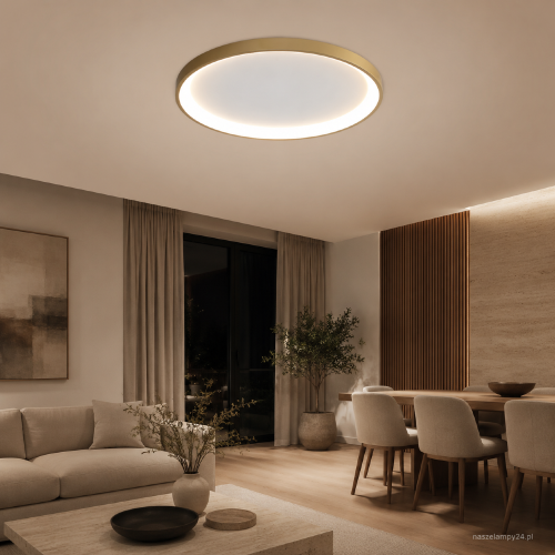 Złoty plafon RADEN Italux CLN-3151-S-GD to nowoczesna lampa LED o mocy 40W. Średnica 48 cm, strumień 2400 lm oraz regulowana barwa 3000–6500K pozwalają dopasować światło do salonu, jadalni, sypialni lub biura.