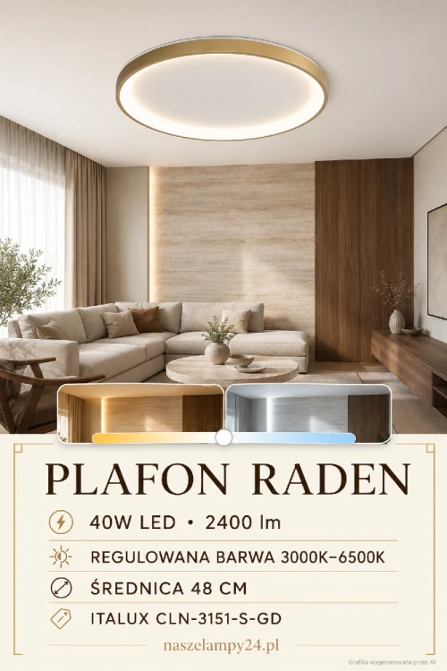 Nowoczesny plafon LED RADEN 48 cm łączy złotą obręcz, biały panel i efektowny pierścień światła. Moc 40W oraz strumień 2400 lm zapewniają funkcjonalne oświetlenie, a regulacja 3000–6500K umożliwia zmianę barwy światła.