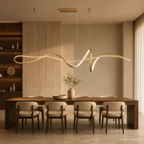 Złota lampa MILA Italux PND-23523-GD to nowoczesne oświetlenie LED nad długi stół. Moc 40W, strumień 3700 lm i zmienna barwa 3000–6500K pozwalają dopasować światło do jadalni, kuchni, salonu lub biura.