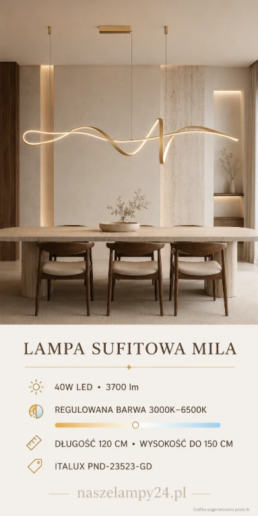 Nowoczesna lampa wisząca MILA 40W LED wyróżnia się dekoracyjną formą złotej, falującej taśmy. Model o długości 120 cm emituje 3700 lm i umożliwia zmianę barwy od ciepłej 3000K do zimnej 6500K.
