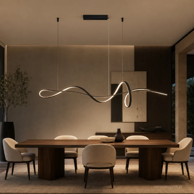 Nowoczesna lampa wisząca MILA 40W LED wyróżnia się dekoracyjną formą czarnej, falującej taśmy. Model o długości 120 cm emituje 3700 lm i umożliwia zmianę barwy światła od ciepłej 3000K do zimnej 6500K.