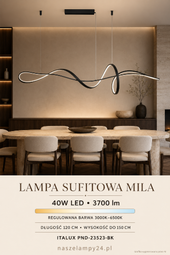 Lampa MILA Italux PND-23523-BK to nowoczesne czarne oświetlenie LED nad długi stół. Moc 40W, strumień 3700 lm oraz zmienna barwa 3000–6500K pozwalają dopasować światło do jadalni, kuchni, salonu lub biura