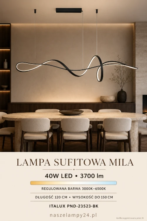 Lampa MILA Italux PND-23523-BK to nowoczesne czarne oświetlenie LED nad długi stół. Moc 40W, strumień 3700 lm oraz zmienna barwa 3000–6500K pozwalają dopasować światło do jadalni, kuchni, salonu lub biura