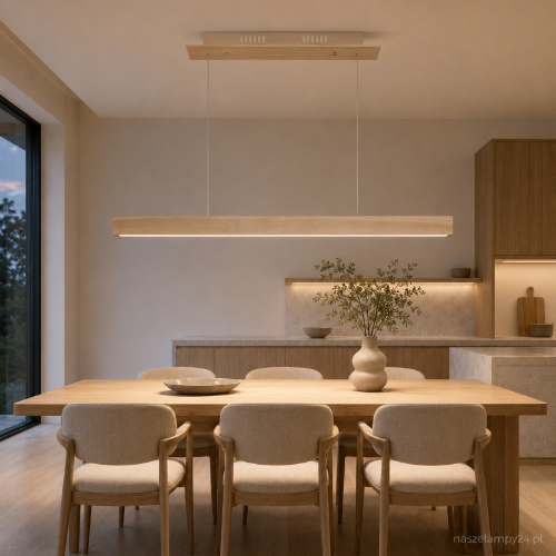 Drewniana lampa TIMBER LED 18W marki Milagro doskonale oświetli stół w jadalni, barek lub wyspę kuchenną. Smukła listwa o długości 90 cm emituje 1260 lm i przyjemne, ciepłe światło 3000K. Model MLP568.