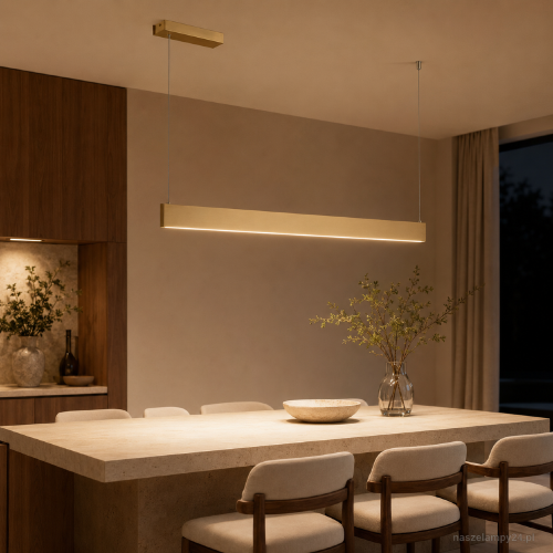 Lampa sufitowa LINEA 36W LED Milagro ML1785 to złota, podłużna listwa idealna nad stół lub wyspę kuchenną. Funkcja CCT umożliwia zmianę barwy światła, pozwalając dopasować oświetlenie do pory dnia i potrzeb.