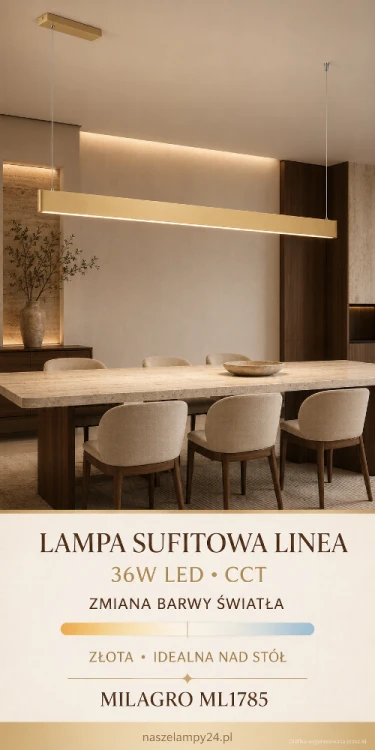 Złota lampa wisząca LINEA Milagro łączy minimalistyczną formę z funkcjonalnym modułem LED 36W. Prosta listwa równomiernie oświetli stół, wyspę, barek lub blat, a funkcja CCT pozwoli wybrać odpowiednią barwę światła