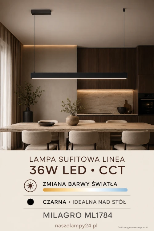 Czarna lampa wisząca LINEA Milagro łączy minimalistyczną formę z funkcjonalnym modułem LED 36W. Prosta listwa równomiernie oświetli stół, wyspę, barek lub blat, a funkcja CCT pozwoli wybrać odpowiednią barwę światła