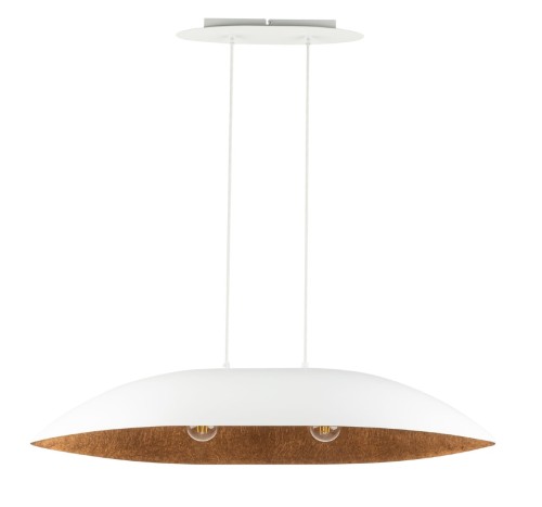 Lampa sufitowa GONDOLA 2xE27 Sigma 40639 zachwyca białym kloszem z miedzianym wnętrzem. Szerokość 84 cm oraz wysokość do 90 cm sprawiają, że idealnie pasuje nad stół w jadalni, wyspę kuchenną lub do nowoczesnego salonu.
