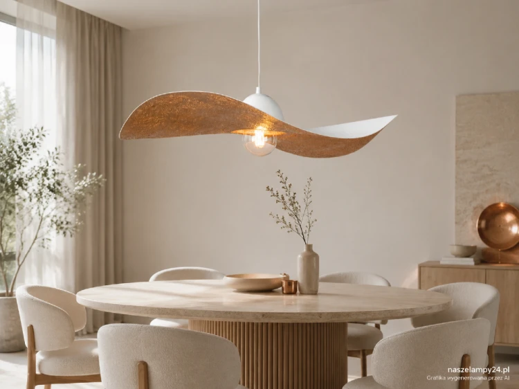 Biało-miedziana lampa wisząca KAPELLO Sigma to designerskie oświetlenie o asymetrycznej formie. Klosz Ø76 cm, oprawka E27 oraz wysokość do 80 cm sprawiają, że model doskonale pasuje do przestronnej jadalni lub salonu.