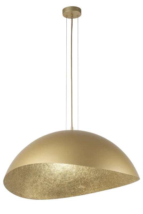 Lampa wisząca SOLARIS Sigma 40596 zachwyca złotym, nieregularnym kloszem 89 × 85 cm. Organiczna forma i fakturowane wnętrze pięknie odbijają światło. Oprawa 1xE27 doskonale prezentuje się nad dużym stołem.